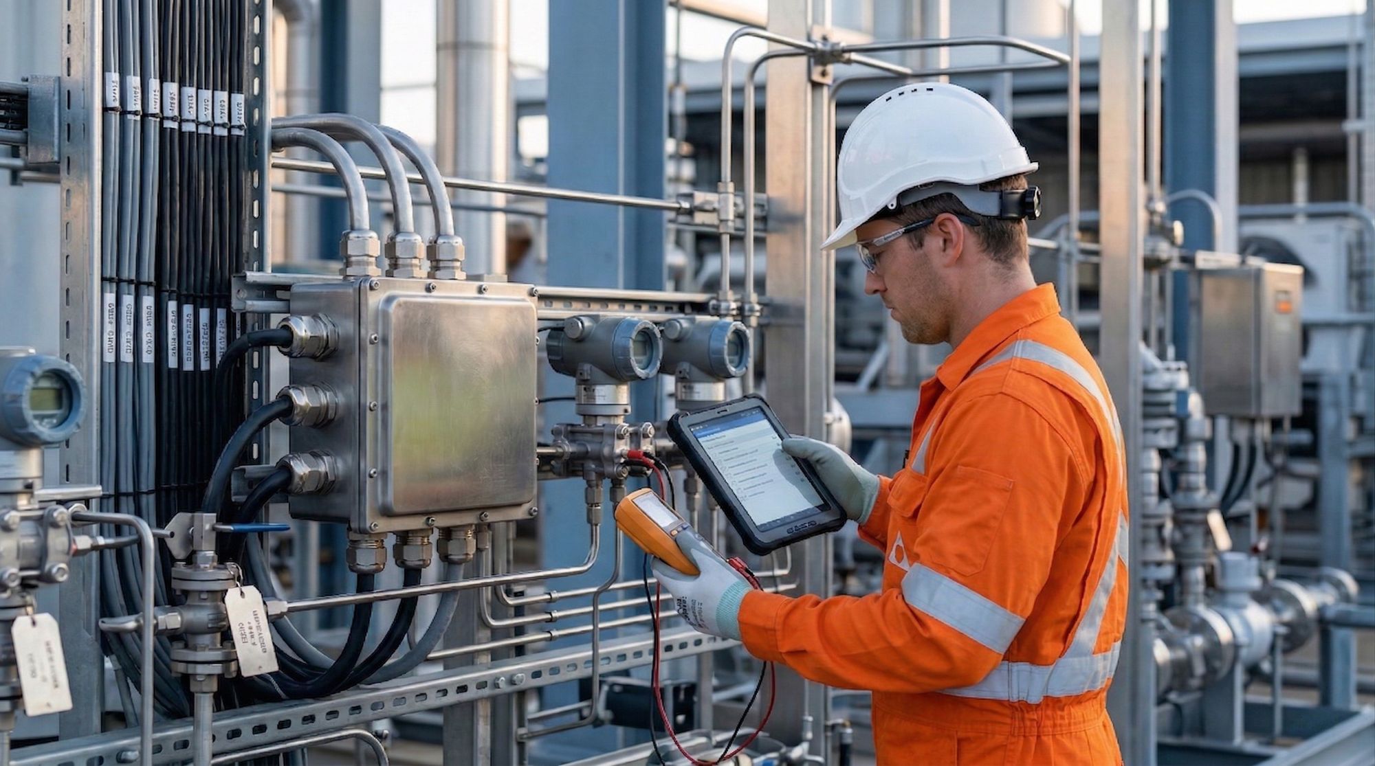 A Haztech technician testing instrumentation on a hazardous area site