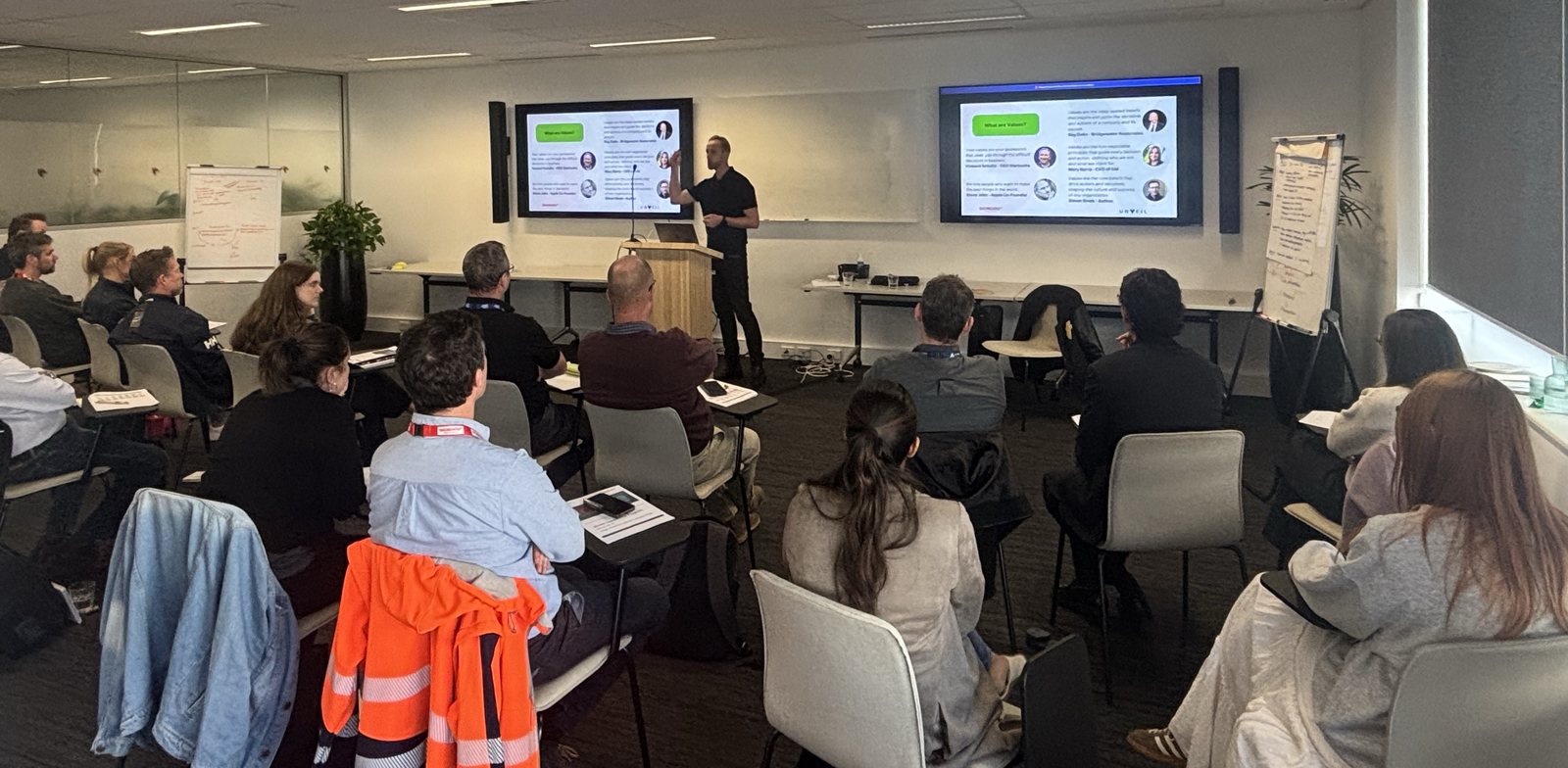 A session on values and behaviours running with a room of Georgiou leaders